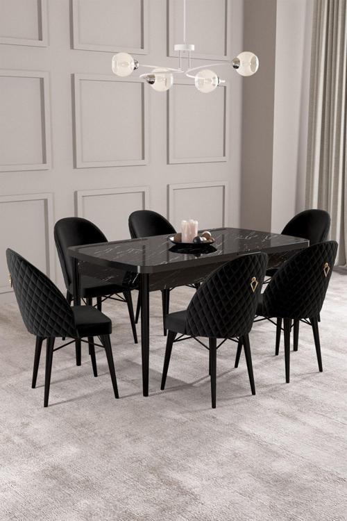 ​​​​​​​Calvin Siyah Mermer Desen 80x132 Açılabilir Mdf Masa Yemek Odası Takımı, Mutfak Takımı 6 Adet