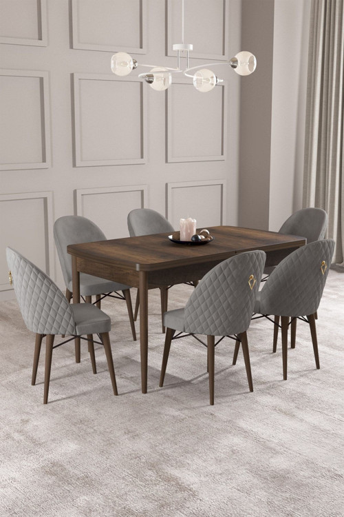 Calvin Barok Desen 80x132 Açılabilir Mdf Masa Yemek Odası Takımı, Mutfak Takımı 6 Adet Sandalye