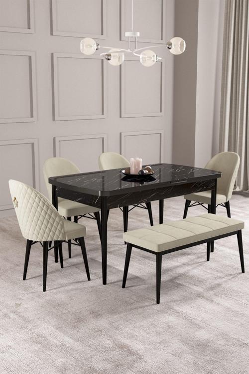 Calvin Siyah Mermer 80x132 Açılabilir Mdf Masa Yemek Odası Takımı, Mutfak Takımı 4 Adet Sandalye, 1 