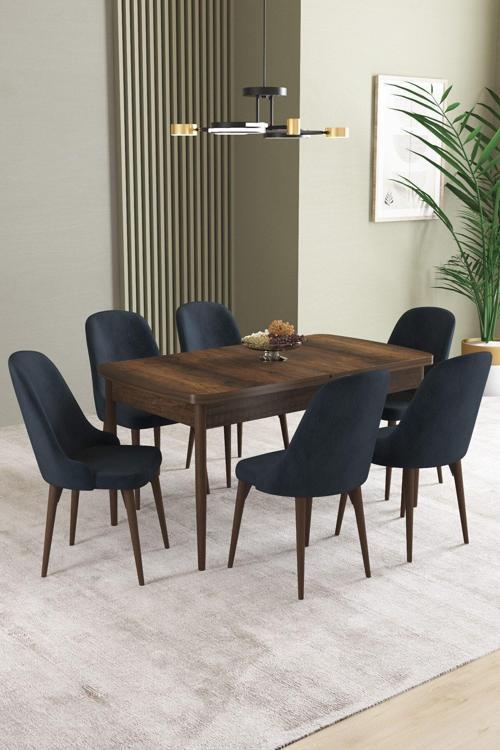 Ikon Barok Desen 80x132 Açılabilir Mdf Masa Yemek Odası Takımı, Mutfak Takımı 6 Adet Sandalye
