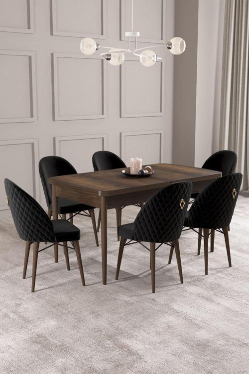 Calvin Barok Desen 80x132 Açılabilir Mdf Masa Yemek Odası Takımı, Mutfak Takımı 6 Adet Sandalye