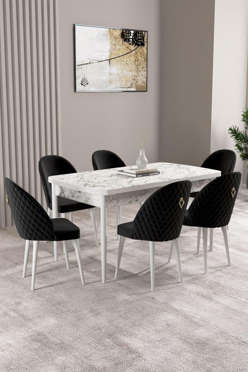 Milas Beyaz Mermer Desen 80x132 Açılabilir Mdf Masa Yemek Odası Takımı, Mutfak Takımı 6 Sandalye