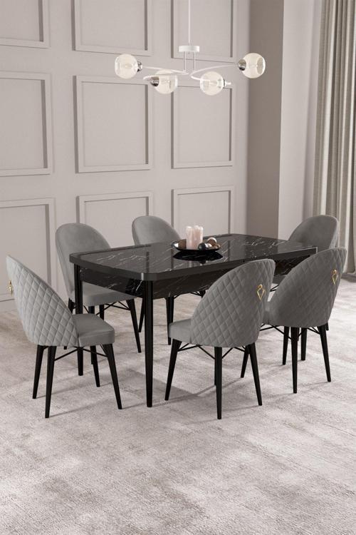 ​​​​​​​Calvin Siyah Mermer Desen 80x132 Açılabilir Mdf Masa Yemek Odası Takımı, Mutfak Takımı 6 Adet