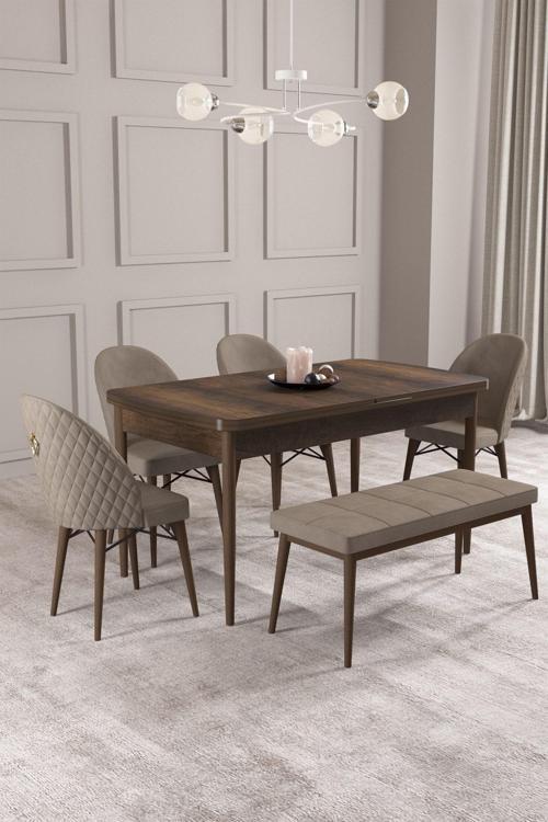 Calvin Barok 80x132 Açılabilir Mdf Masa Yemek Odası Takımı, Mutfak Takımı 4 Sandalye, 1 Bench
