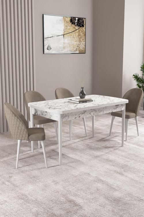 Milas Beyaz Mermer Desen 80x132 Açılabilir Mdf Masa Yemek Odası Takımı, Mutfak Takımı 4 Sandalye