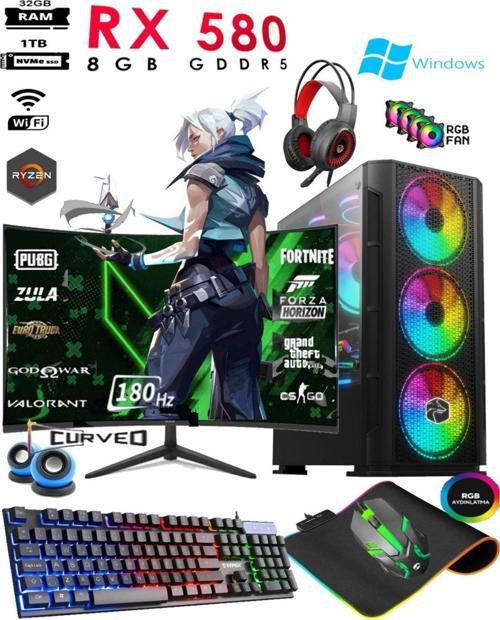 Tc80X Ryzen 5 5500 32Gb 1Tb M.2 Nvme Ssd Rx580 8Gb 24'' 180Hz Curved Oyuncu Masaüstü Bilgisayarı