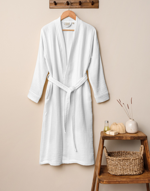 Unisex Kimono 4 Kat Müslin Bornoz Beyaz