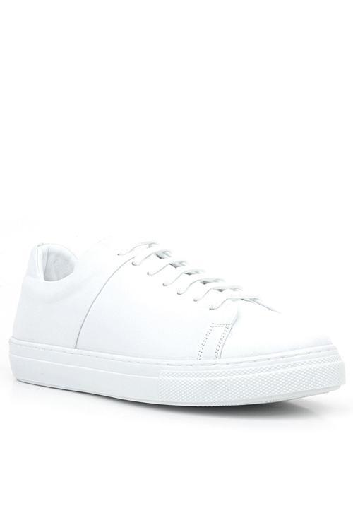 Beyaz Hakiki Deri Kadın Bağcıklı Sneaker Ayakkabı