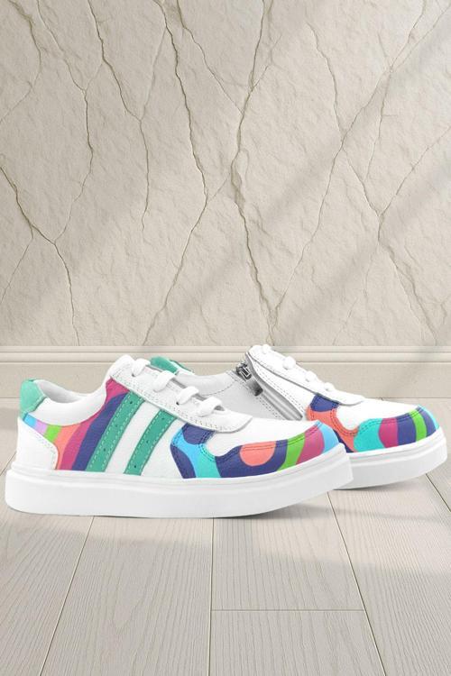 Tbons Özel Tasarım Hakiki Deri Beyaz Yeşil Bağcıklı Fermuarlı Çocuk Sneaker