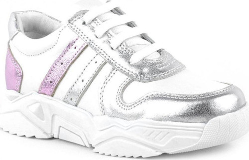 Hakiki Deri Gümüş Pembe Kalın Tabanlı Kız Çocuk Sneakers Ayakkabı
