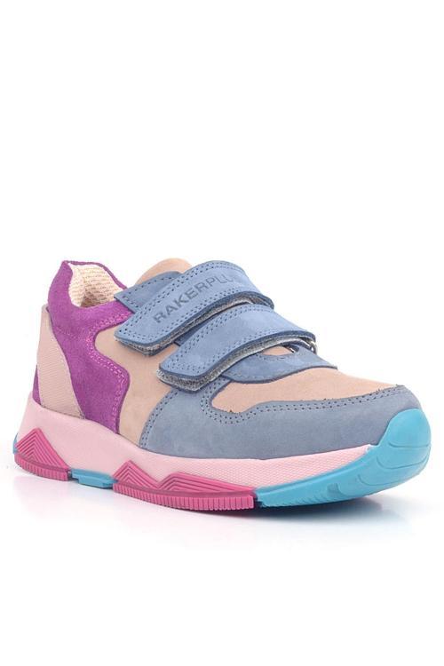 Hakiki Deri Pudra Mavi Fuşya Çocuk Sneakers Spor Ayakkabı