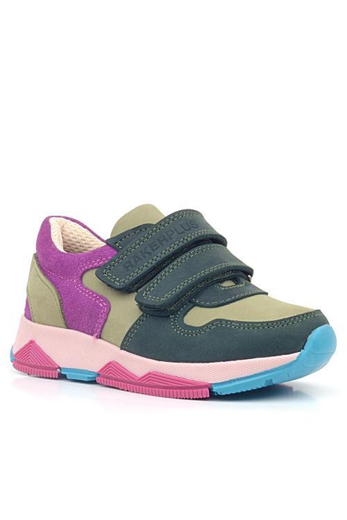 Hakiki Deri Haki Yeşil Fuşya Çocuk Cırtlı Sneakers Spor Ayakkabı