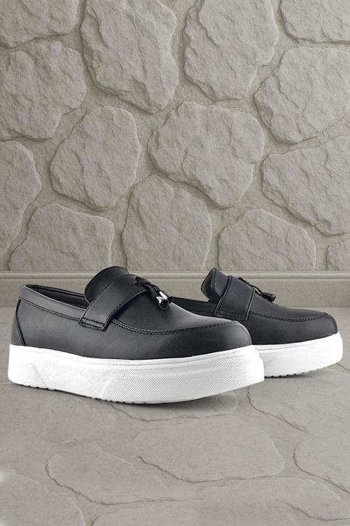 Siyah Mat Beyaz Taban Loafer Klasik Çocuk Ayakkabısı