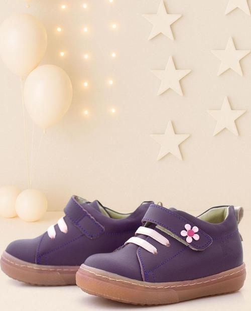 Anatomik Hakiki Deri Yumuşak Mor Çiçekli Cırtlı Kız Çocuk Ayakkabı