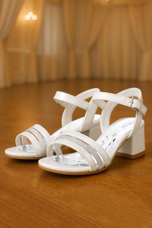 Sedef Rugan Taşlı Kalın Kız Çocuk Abiye Topuklu Ayakkabı