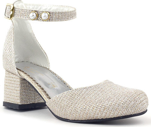 Merida Gold Simli Kalın Topuklu İnci Detaylı Kız Çocuk Topuklu Ayakkabı