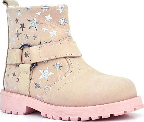 Chiron Hakiki Deri Pudra Yıldız Desenli Fermuarlı Kürklü Kız Çocuk Bot