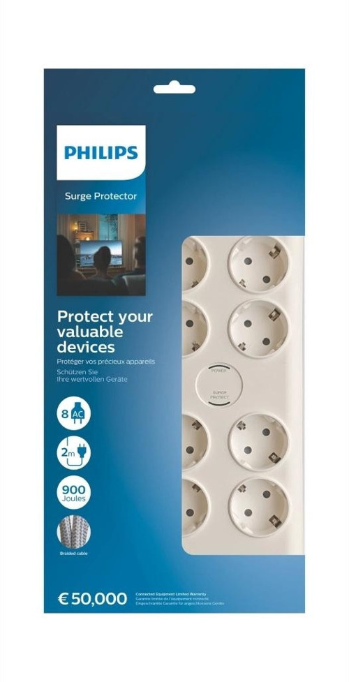 TEKNOTEG - RSR - Phılıps Spn7080wa/62, 8 Soket, Akım Korumalı Priz, 900 Joules, 2mt Örgülü Kablo, (b