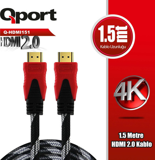 TEKNOTEG - OX - Qport Q-hdmı151 1.5 Metre 2.0v 4k Altın Uçlu Örgülü Kablo