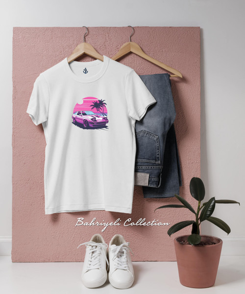 Oversize Vaporwave Gün Batımı ile Retro Araba Tasarımlı Unisex T-Shirt