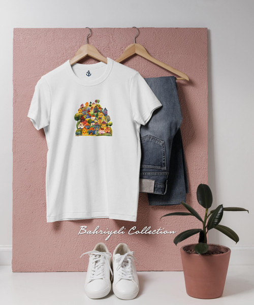 Oversize Renkli Evlere Sahip Büyüleyici Karikatür Köyü Tasarımlı Unisex T-Shirt