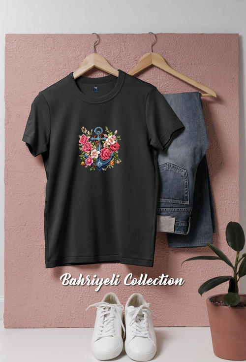 Oversize Çiçekli Çıpa - Çapa Tasarımlı Unisex T-Shirt