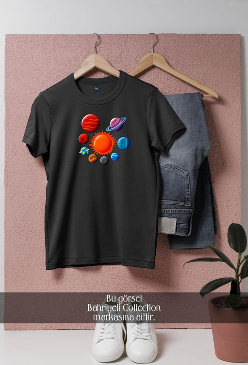 Oversize Gezegenler Ve Güneş Tasarımlı Unisex T-Shirt