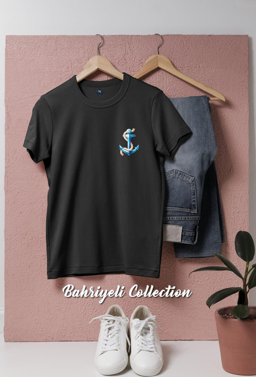 Oversize Blue Mavi Çıpa - Çapa Cep Tasarımlı Unisex T-Shirt