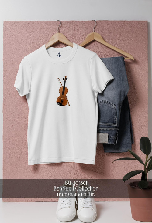 Oversize Keman Müzik Aleti Tasarımlı Unisex T-Shirt
