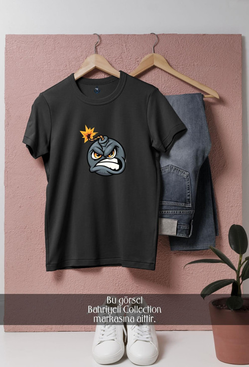 Oversize Bomb Cartoon Angry Face Tasarımlı Unisex T-Shirt