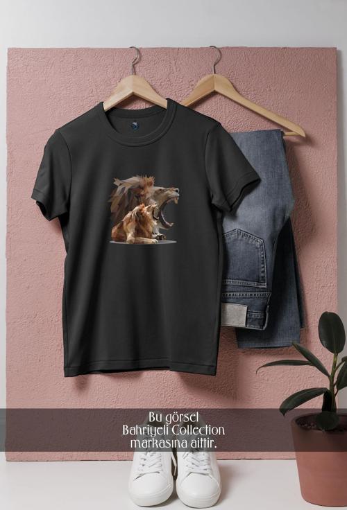 Oversize Kükreyen Aslan Vektörel  Tasarımlı Unisex T-Shirt