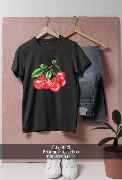 Oversize Double Cherry Kiraz  Tasarımlı Unisex T-Shirt