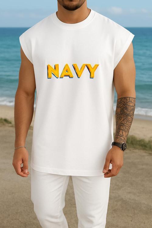 Oversize Navy Yazısı Sarı Göğüs Tasarımlı Atlet