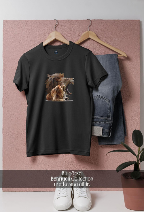 Oversize Kükreyen Aslan Vektörel Tasarımlı Unisex T-Shirt
