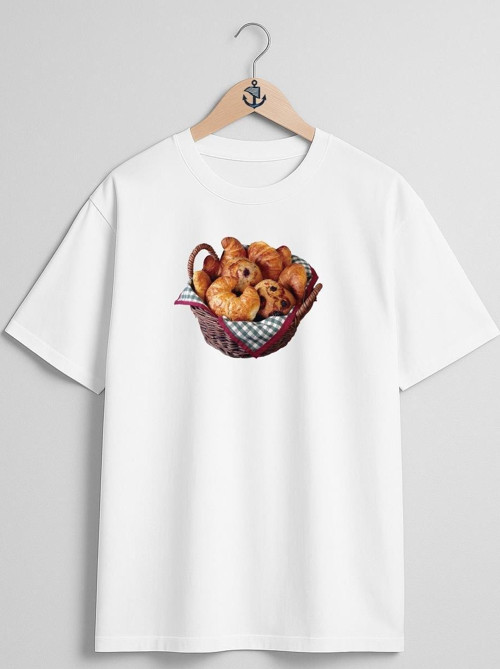 Oversize Croissant Bread Kruvasan Sepeti Göğüs Tasarımlı Unisex T-Shirt