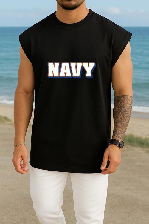 Oversize Ekstrüzyon Navy Yazısı Göğüs Tasarımlı Atlet