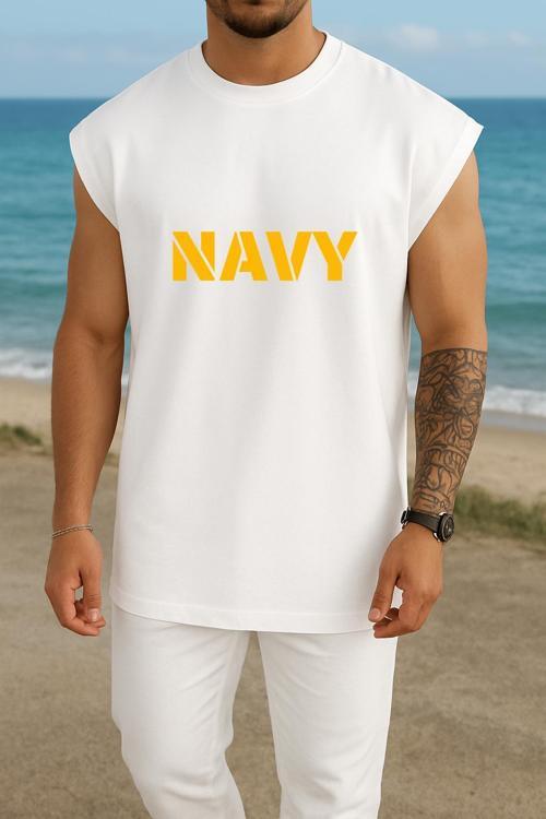 Oversize Navy  Donanma Yazısı Göğüs Tasarımlı Atlet