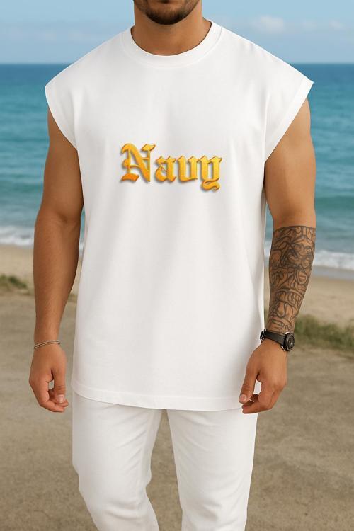 Oversize Navy Yazısı Bold Gold Göğüs Tasarımlı Atlet