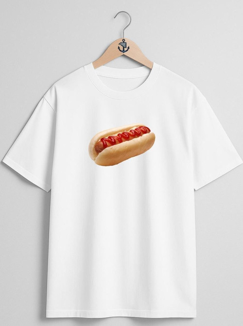 Oversize Sosisli Hotdog Göğüs Tasarımlı Unisex T-Shirt