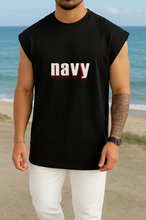 Oversize Navy Yazısı Kırmızı Beyaz Göğüs Tasarımlı Atlet
