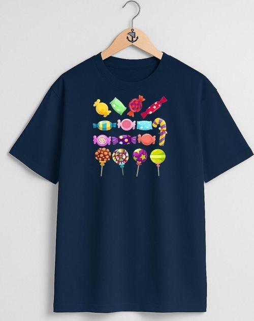 Oversize Çeşitli Renkli Şekerler Ve Lolipop Göğüs Tasarımlı Unisex T-Shirt