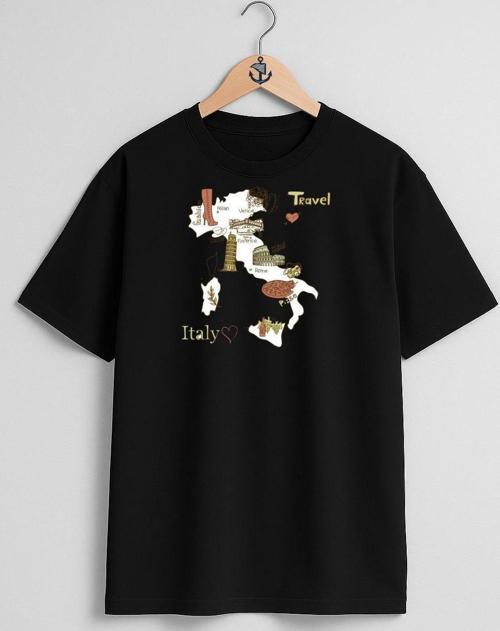 Oversize İtalya Haritası Ve Turistik Yerler Göğüs Tasarımlı Unisex T-Shirt