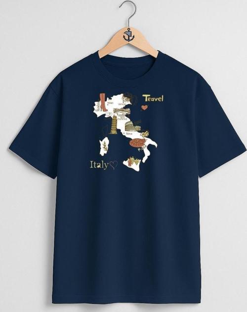 Oversize İtalya Haritası Ve Turistik Yerler Göğüs Tasarımlı Unisex T-Shirt
