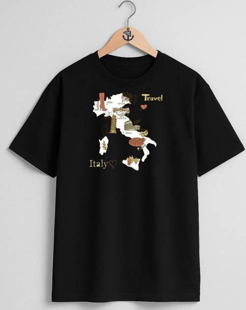 Oversize İtalya Haritası Ve Turistik Yerler Göğüs Tasarımlı Unisex T-Shirt