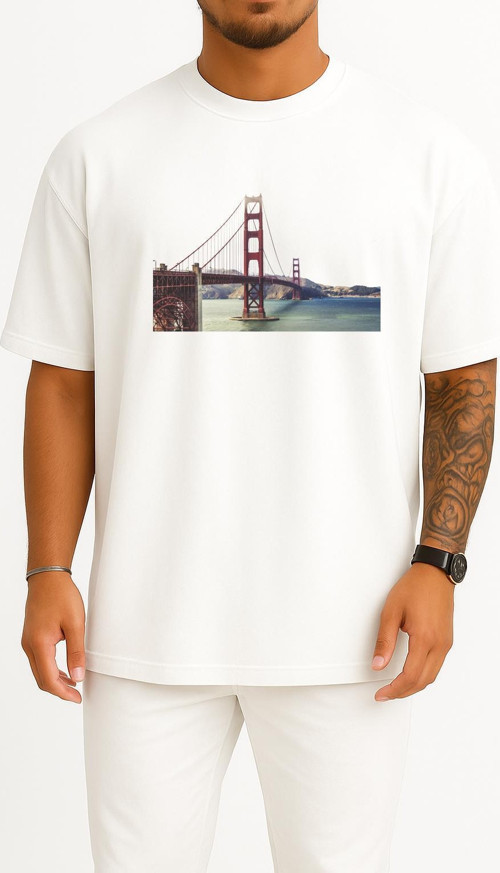 Oversize Golden Gate Köprüsü Göğüs Tasarımlı Unisex T-Shirt