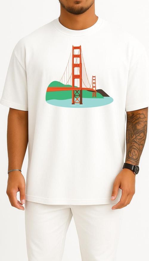 Oversize Golden Gate Köprüsü, San Francisco Göğüs Tasarımlı Unisex T-Shirt