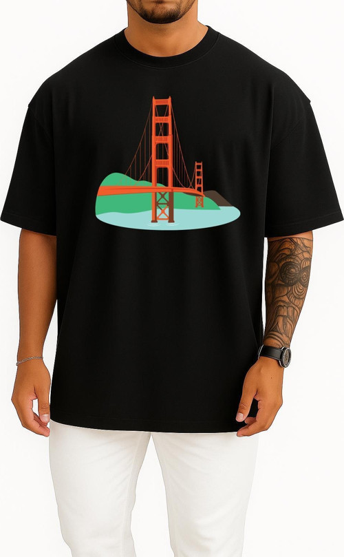 Oversize Golden Gate Köprüsü, San Francisco Göğüs Tasarımlı Unisex T-Shirt