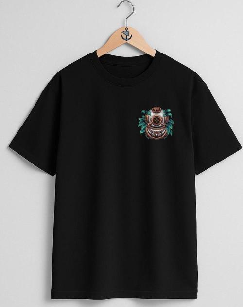 Oversize Dalgıç Diving Helmet With Plant İllustration Cep ve Sırt Tasarımlı Unisex T-Shirt