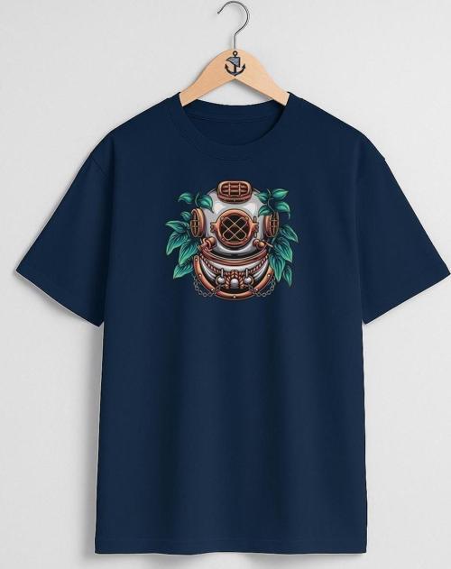 Oversize Dalgıç Diving Helmet With Plant İllustration Göğüs Tasarımlı Unisex T-Shirt