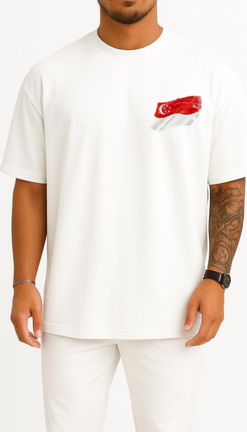 Oversize Kırmızı Ve Beyaz Ülke Bayrağı, Singapur Bayrağı Cep Tasarımlı Unisex T-Shirt